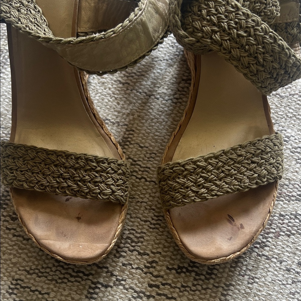 Stuart Weitzman Taupe Woven Ankle-Strap Wedge Sandals - Picture 14 of 16